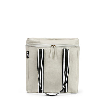 Stone coloured cooler bag with striped strap handles