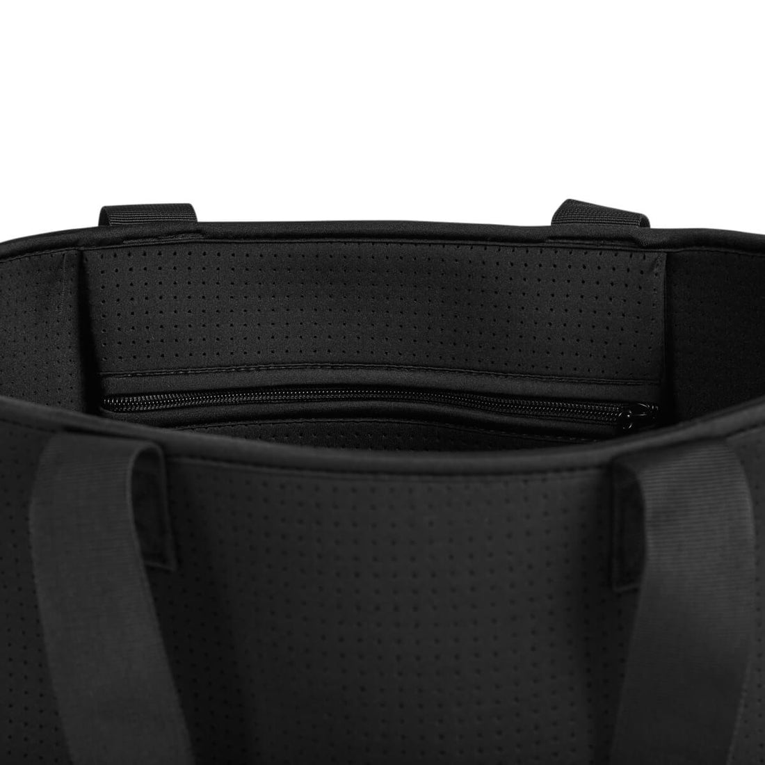 Black neoprene bag close up of zipper