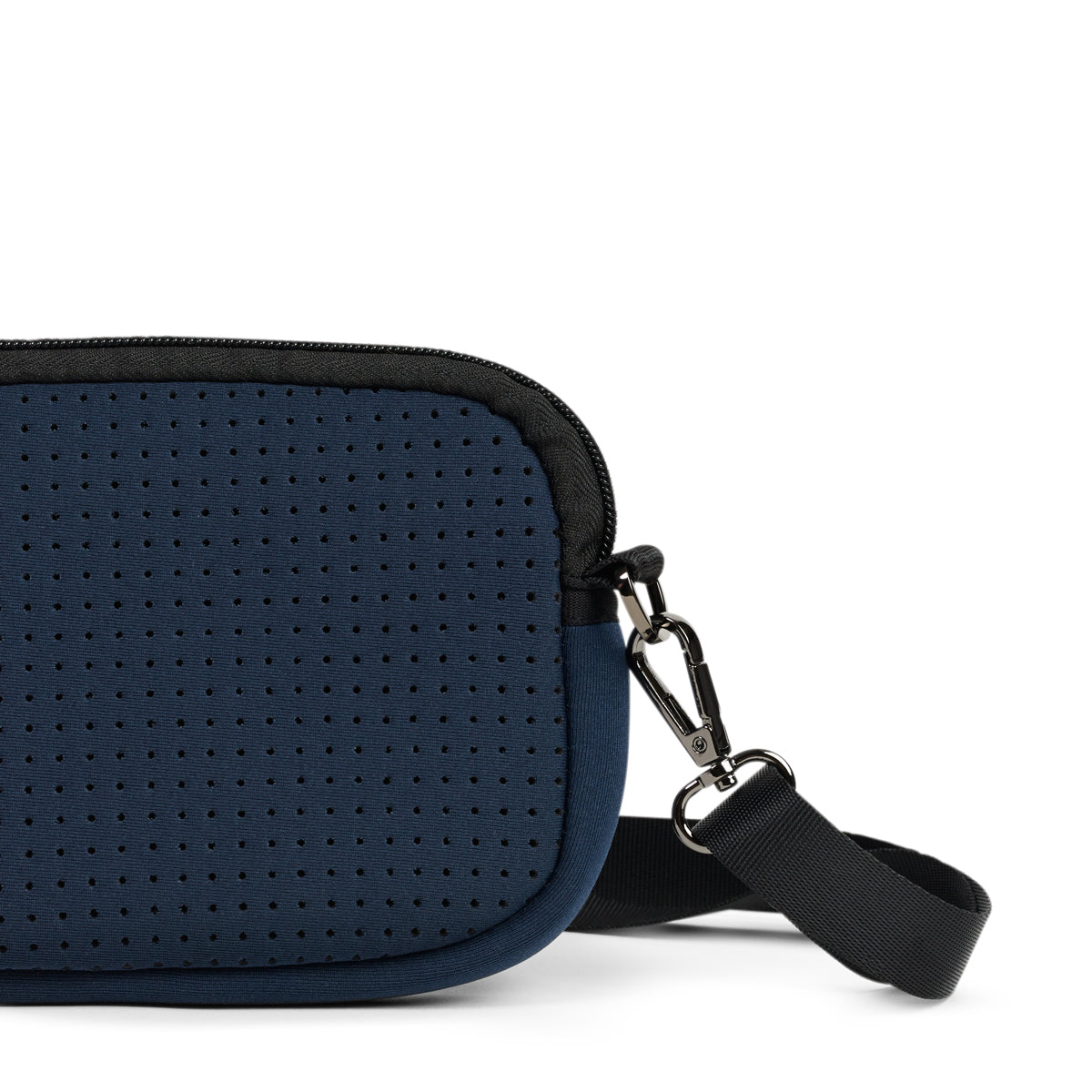 Small navy blue neoprene cross body bag close up