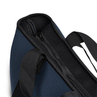 Neoprene bag in navy with double straps close up of zipper