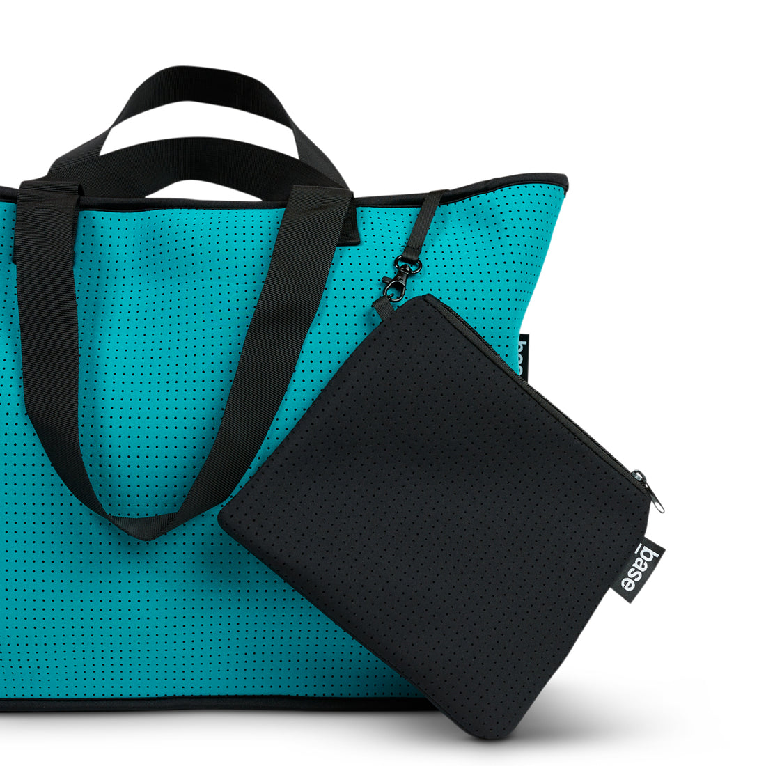 Neoprene bag in teal with double straps and attachements