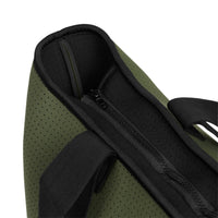 Khaki neoprene bag close up of zipper