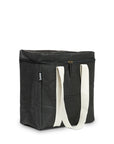 Cooler bag from side in black with white strap handles